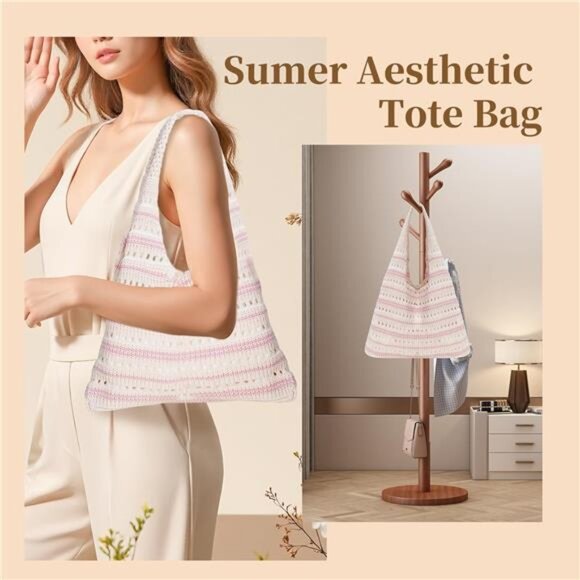 Crochet Tote Bag, Mesh Beach Bag Beige Pink - Picture 7 of 7